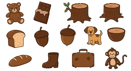 set of brown color objects for kids learning colors. Includes illustrations of common brown items such as a teddy bear, chocolate bar, tree trunk, dog, acorn, loaf of bread, suitcase, boots