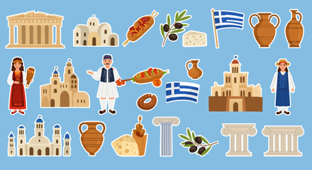 icon set of Greece’s symbols. Travel illustration featuring famous Greek landmarks such as the Parthenon and Santorini houses, people in traditional Greek clothing, Greek food like gyros, olives