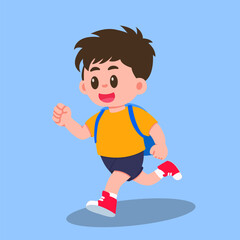 Cute Happy School Boy Running with Backpack character design