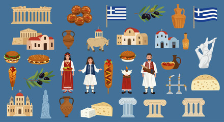 icon set of Greece’s symbols. Travel illustration featuring famous Greek landmarks such as the Parthenon and Santorini houses, people in traditional Greek clothing, Greek food like gyros, olives