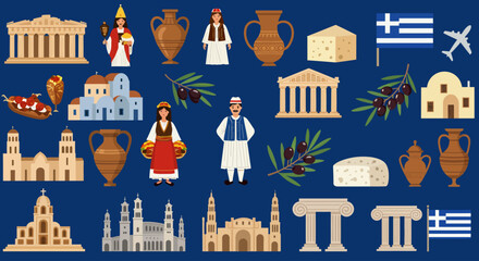 icon set of Greece’s symbols. Travel illustration featuring famous Greek landmarks such as the Parthenon and Santorini houses, people in traditional Greek clothing, Greek food like gyros, olives