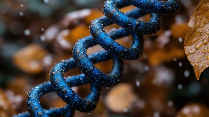 Wet blue coil spring, autumn leaves, rain, macro