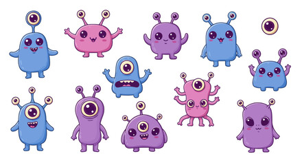  cute kawaii alien characters, with big eyes, pastel colors, and expressive faces. Each alien has a unique shape—some with antennae, others with multiple arms or eyes. Set against a white background, 