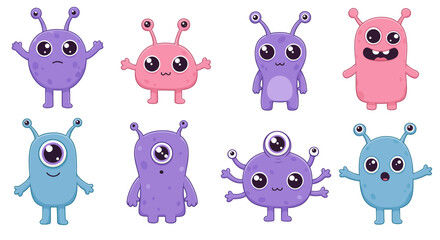  cute kawaii alien characters, with big eyes, pastel colors, and expressive faces. Each alien has a unique shape—some with antennae, others with multiple arms or eyes. Set against a white background, 