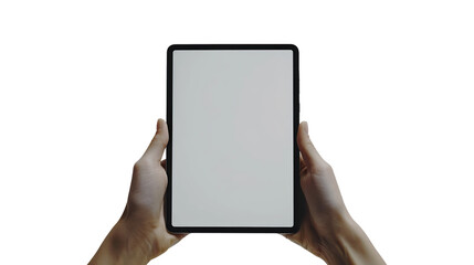 Hand holding a tablet device with a blank screen on top of a transparent one, ideal for displaying digital content or business communications. PNG