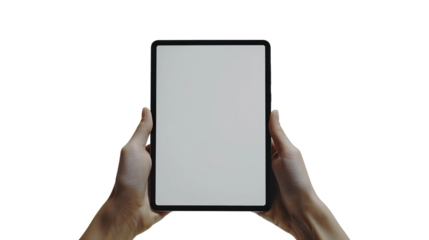 Hand holding a tablet device with a blank screen on top of a transparent one, ideal for displaying digital content or business communications. PNG