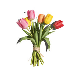 A bunch of tulips in pink, yellow, and red, tied with a ribbon on a white background, modern, clean look.