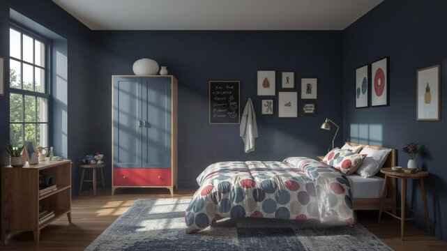 Stylish kids bedroom featuring navy blue walls, geometric bedding, wooden furniture, wall art, and natural light from a large window creating a cozy and modern atmosphere.