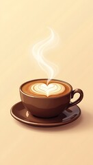Obraz premium A glossy sticker illustration of a steaming cup of coffee with a heart-shaped foam design, placed centrally on a soft beige background symbolizing warmth and comfort. 