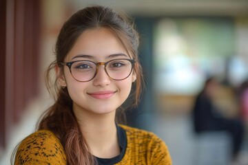 Smiling female student in college campus, confidently carrying out her academic journey while enjoying the vibrant atmosphere of her school, Generative AI