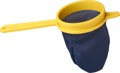 small traditional reusable strainer or filter for brewing loose leaf tea or boiled milk tea or chai isolated white background, attached fabric bag onto plastic frame or ring