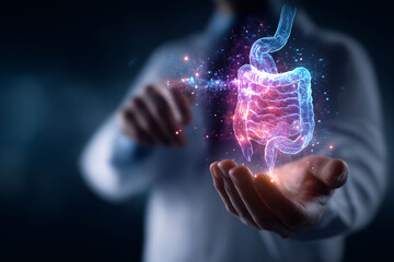 Gut brain axis. Doctor using hologram to explain gut-brain axis concept.