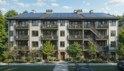 Contemporary green multifamily residences equipped with solar panels