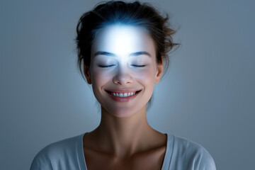 Gut brain axis. A smiling person radiating a glowing aura of peace and positivity.
