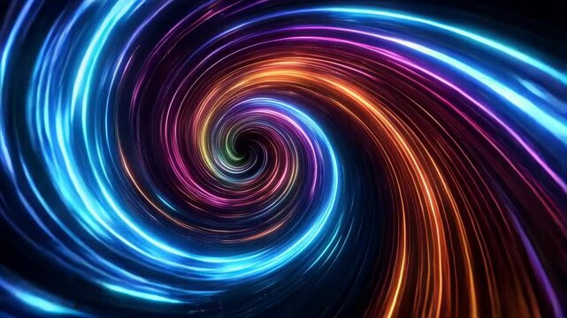 Bright neon colored swirl tunnel abstract background animation. Light trail effect vortex with colorful lights.