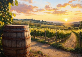 Scenic vineyard landscape at sunset with rows of grapevines stretching over rolling hills and a large wooden barrel in the foreground evoking calm and warmth