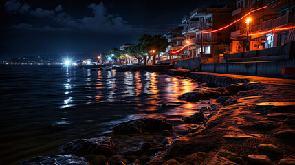 Obraz premium Night view of illuminated coastal promenade with reflections on sea water. Tranquil seaside town with modern buildings and glowing streetlights along rocky shoreline.