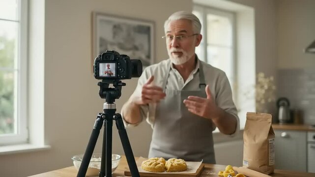 Senior man demonstrating baking technique via video.