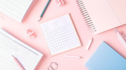 Professional planning supplies composition, daily task notepad with square boxes, reading book with linear text pattern, basic writing pencil, mathematical grid paper, soft rose background, clean