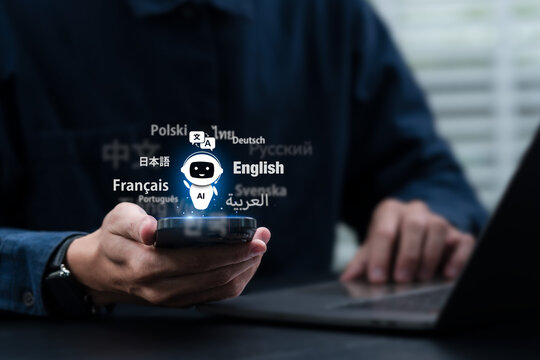 Ai translate language concept.Businessman using; ai translator with blue background; Artificial intelligence chatbot equipped with a Language model technology. Automatic translation system concept.