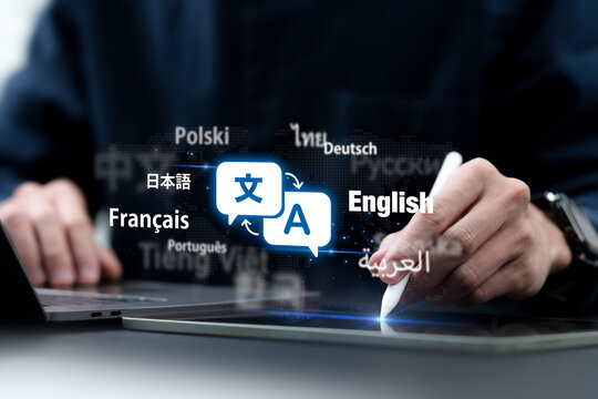 Man hand using translator of foreign languages on website.Ai translate language concept. Symbol of translation. Worldwide language conversation. Automatic translation system concept.