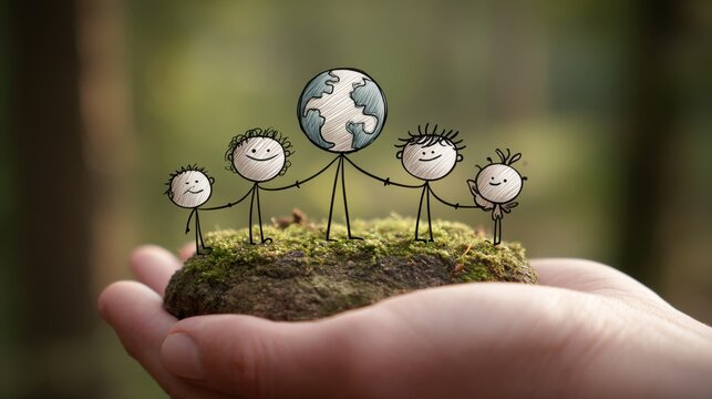 Teaching children about the environment, the stick figure plants seeds of sustainability and green awareness.
