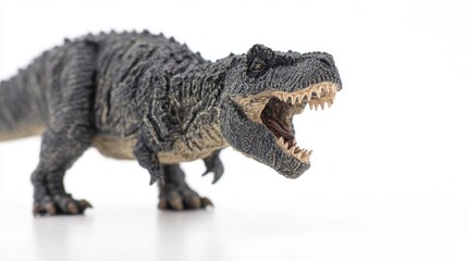 Naklejka premium Detailed realistic Tyrannosaurus rex toy model with textured dark gray and black skin, tan underbelly, wide open mouth showcasing sharp off-white teeth and dark fleshy tongue, small yellow menacing e 