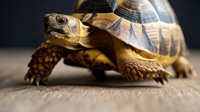 Walking tortoise with patterned shell slowly moving across a light brown surface against a dark neutral background, close up view