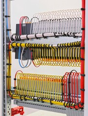 The reverse side of the electrical switchboard. The connected wires are tied with plastic ties.