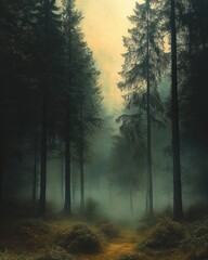 Obraz premium Dense forest with tall pine trees and misty atmosphere creating a mysterious and serene mood on a soft forest floor