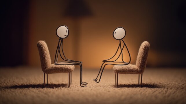 A stick figure talking with another shows the importance of therapy for nurturing mental well-being and coping skills.

