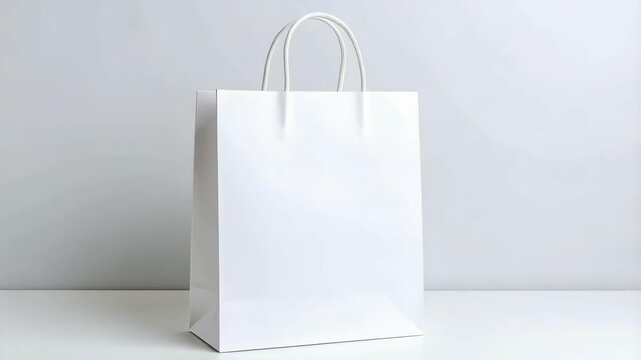 Studio shot of a clean white paper shopping bag with string handles sitting on a white table against light gray background.