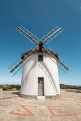 The Moulin Mattei windmill, built at the end of the 18th century, stands on the Cap Corse peninsula on the Mediterranean island of Corsica