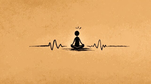 Stick figure meditating models stress relief using deep breathing to foster peace and mental well-being.
