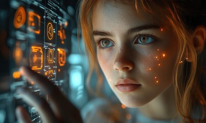 Teenage girl interacts with futuristic interface