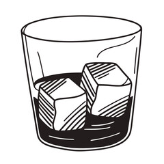 A minimalist illustration of a square glass containing three ice cubes on a flat surface in black and white
