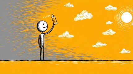 Bright sun shines as a stick figure applies sunscreen, emphasizing sun safety and cancer prevention through proper skin protection.
