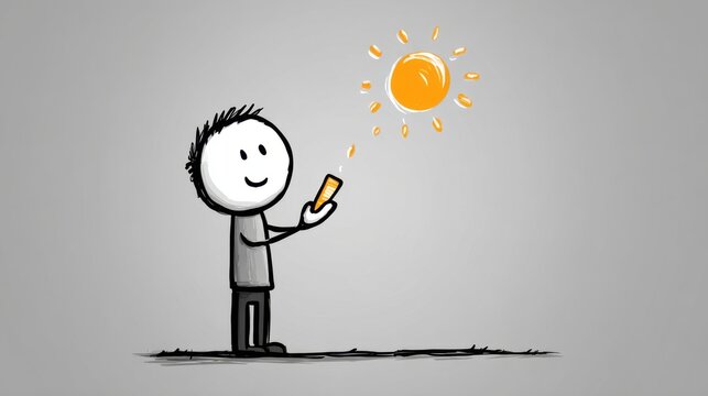 A stick figure applies sunscreen under a bright sun, highlighting the importance of skin protection and reducing cancer risk.
