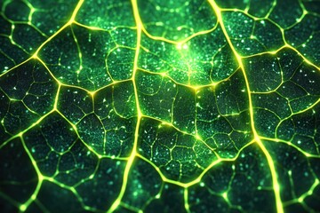 Close-up view of a vibrant green leaf with glowing yellow veins and illuminated cellular patterns, evoking a sense of natural energy and vitality