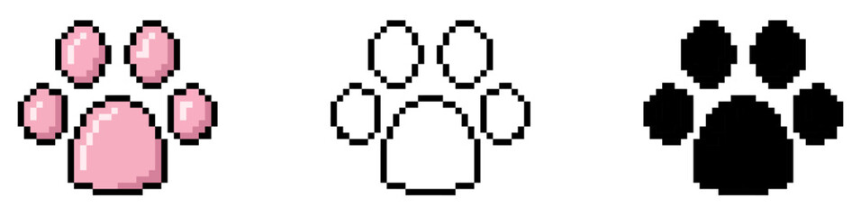 Pixel paw vector, a charming, digitized animal footprint for pet-themed designs, gaming, or nostalgic art. Great for pet care, virtual pets, or retro branding. © Xharites