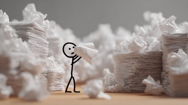 Managing allergies is depicted by a stick figure sneezing, emphasizing awareness and self-care.
