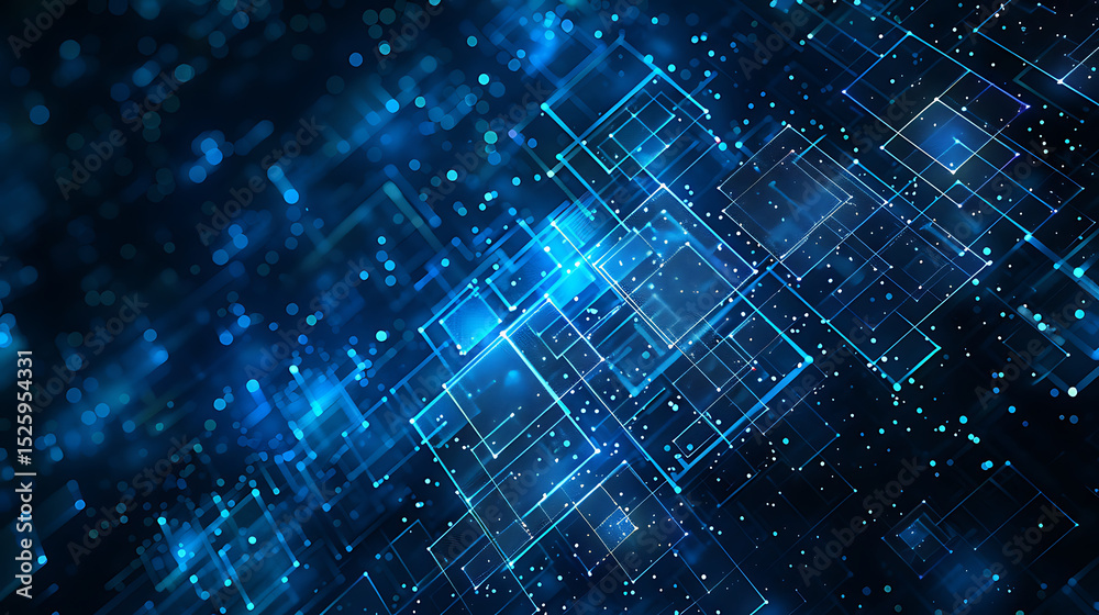 Poster abstract blue technology background with glowing lines and dots forming a network of interconnected 