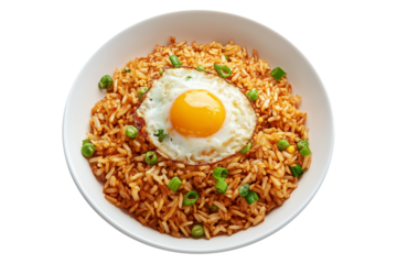Spicy fried rice Nasi Goreng garnished with fresh green onions and topped with fried egg in bowl, isolated on white transparent backdrop