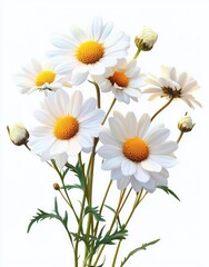 Close-up of a bunch of fresh white daisies with bright yellow centers and green stems against a white background, evoking a sense of freshness and natural beauty
