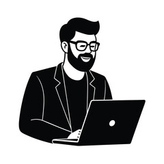 Man with Laptop Black and White Illustration