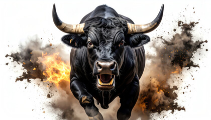 Naklejka premium A powerful black bull charges forward, surrounded by explosive effects, showcasing intensity and strength in a dramatic scene
