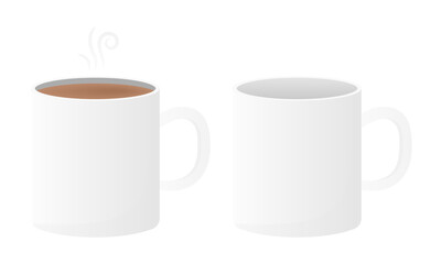 Two white mugs, one filled with hot drink and the other empty