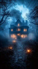 Haunted house, creating a spooky and atmospheric scene with eerie lighting and mysterious surroundings, Generative AI