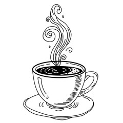 Vintage-style hand-drawn coffee cup with swirling steam. Ideal for cafe branding, retro menu design, or artisanal coffee label with an elegant monochrome look