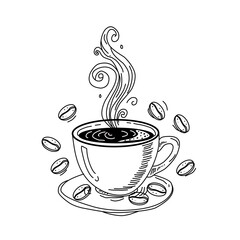 Hand-drawn vector illustration of a steaming coffee cup surrounded by coffee beans. Perfect for vintage café themes, labels, or artisanal product packaging